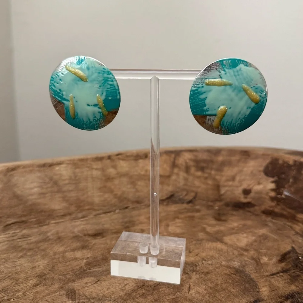 Brush Paint Style Silver Tone Earrings - Turquoise and Yellow
